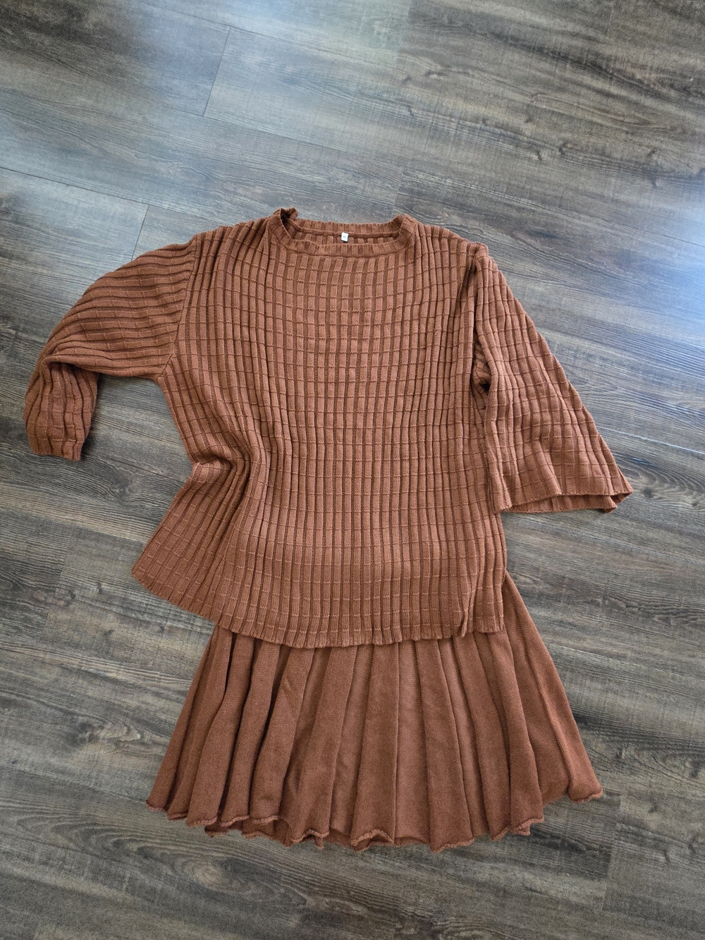 Rust Knit Two-Piece Set - Ribbed Top & Pleated Skirt